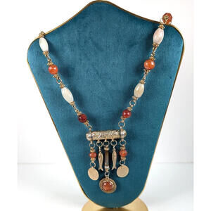 Vtg Middle East Style Carnelian Pendant Necklace Fish Stone Chunky Boho Statment